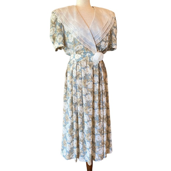 ⭐️.SOLD ⭐️ VINTAGE 80s LESLIE FAY COLLECTIONS Floral Puff Sleeve Dress Size 12 - Picture 2 of 14